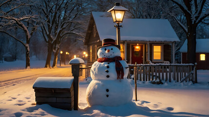 Fototapeta premium Snowman stands by a snow-covered mailbox near a cozy, illuminated cottage on a snowy winter night.
