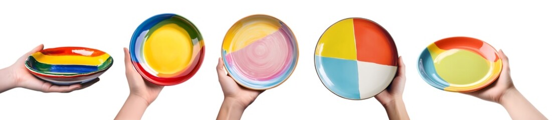 Collection set of hand holding plate dish in different angle on transparent background cutout PNG file. Many pattern colourful bright abstract style and pose. Mockup template for artwork design