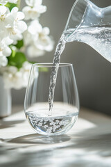 Minimalist Scene with Water Pouring from Carafe into Glass