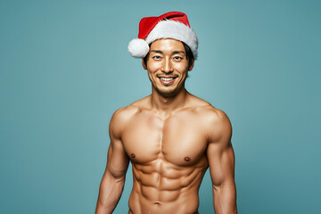 サンタ帽子をかぶった筋肉質な男性、ボディビルダー