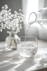Minimalist Scene with Water Pouring from Carafe into Glass