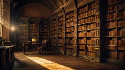 Towering shelves create a moody and atmospheric gothic interior.

