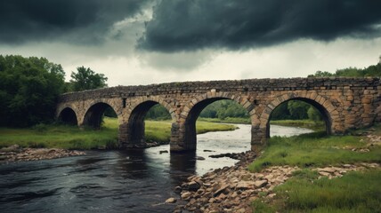 Fototapeta premium Crumbling stone bridge over a black river with creeping mist. 