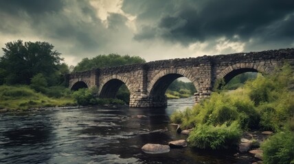 Fototapeta premium Crumbling stone bridge over a black river, with creeping mist and distant thunderclouds