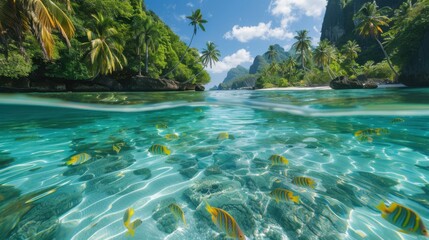 A tropical paradise with crystal-clear water, colorful fish, and lush palm trees