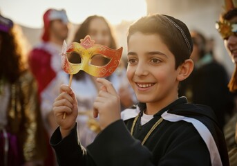 Young boy wearing a kippah and costume, holding a purim mask and celebrating with friends