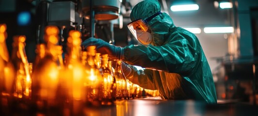 Factory Worker Inspecting Bottles on a Production Line