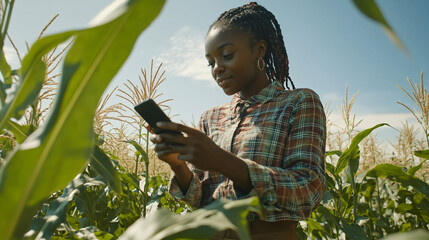 A young Black female farmer with braided hair smiles while using a smartphone in a lush green cornfield under a bright blue sky