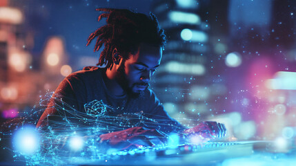 A young black male developer with dreadlocks works intently on a futuristic keyboard surrounded by glowing data, immersed in technology and creativity