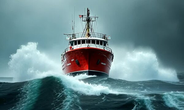 A red fishing trawler navigates through a stormy sea, powerful waves crashing against its bow.