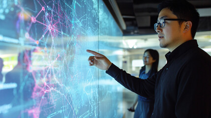 An east Asian male developer in his 30s explains complex data on a digital interface to a colleague in a modern office setting