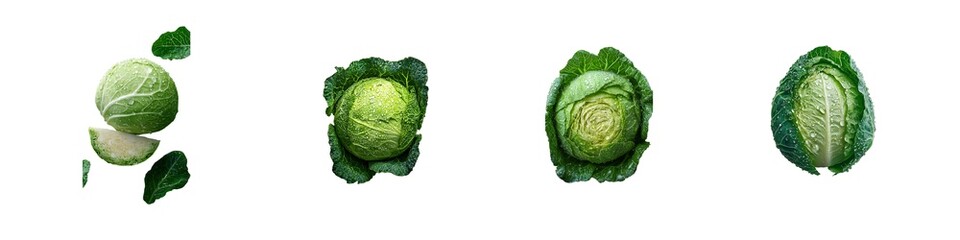 Fototapeta premium Set of Fresh Green Cabbage with Dew Drops on transparent background