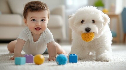 Plakat Adorable baby and fluffy dog playing together on soft carpet