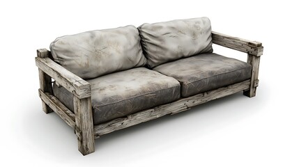 A wooden couch with a white blanket on it