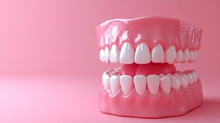 Fototapeta premium 3d teeth figurine in pink solid background banner