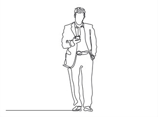 Continuous one line drawing of young businessman stand up and carrying smartphone on his hand isolated on white background. Business service excellence concept	