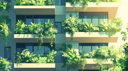 Fototapeta premium Modern apartment building with green balconies and lush vegetation, creating a sustainable and eco-friendly urban environment. Lush. Illustration