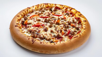 A delicious pizza topped with sausage and bell peppers on a cheesy crust.