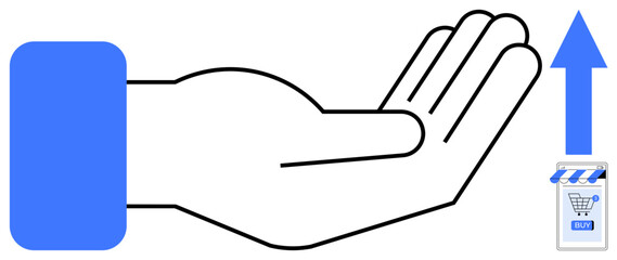 Outstretched hand with blue sleeve and arrow pointing towards a small store with a shopping cart symbol. Ideal for e-commerce services, online shopping, digital marketing, business growth, consumer
