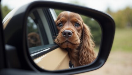 Cocker Spaniel dog looking curiously out the car window, reflected in the side mirror