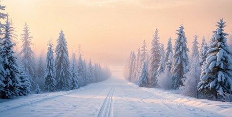 Fototapeta premium Winter Wonderland: A serene and ethereal winter landscape unfolds, with a snowy path winding through a breathtaking forest of snow-laden pine trees.