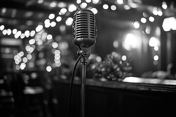 Vintage microphone on stage, bokeh lights, atmospheric ambience, concert, performance, retro style...