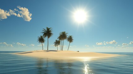 Obraz premium A serene tropical island with palm trees under a bright sun and clear blue sky.