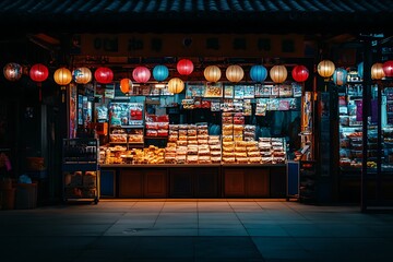 A vibrant night market stall in China, illuminated by colorful lanterns and filled with various snacks.