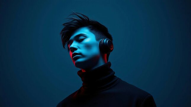 Neon Dreams: A young man, lost in the rhythm, wears headphones under vibrant blue and red lighting.  The image evokes a sense of musical immersion and artistic expression. 