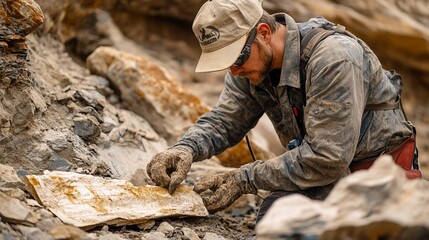Fototapeta premium A paleontologist carefully brushing away sediment to reveal a fossilized dinosaur bone