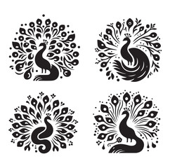 peacock set silhouette vector illustration