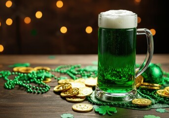 Glass of green beer celebrating saint patrick's day with decorations and gold coins
