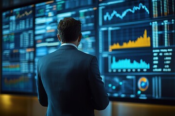 Fototapeta premium Male trader broker analyzing cryptocurrency prices on graphs and candlestick charts on stock market platform