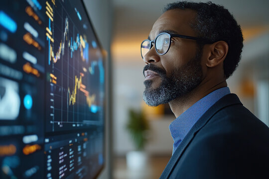 Male trader broker analyzing cryptocurrency prices on graphs and candlestick charts on stock market platform