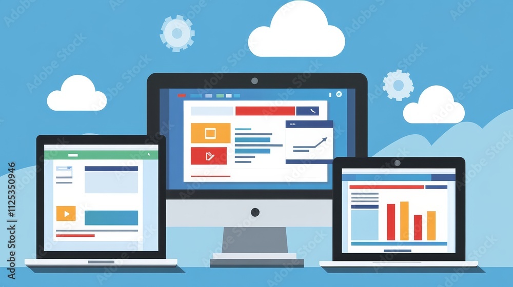 Poster three computer screens displaying various web interfaces against a cloud background.