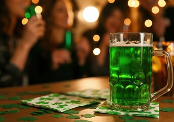 Green beer is served on a pub table with shamrock decorations, celebrating saint patrick's day with friends in the background