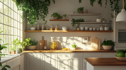 Cozy kitchen scene featuring wooden counter, white cabinets, and lush greenery Lush. Illustration
