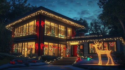 Obraz premium illustration cartoon Cozy Snowy House with Christmas Lights and Reindeer Decoration at Night
