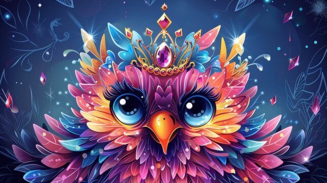 Cartoon bird face with a crown, royal blue background with jewels - Powered by Adobe