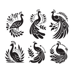 peacock set silhouette vector illustration