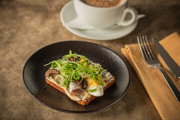 Close-up of a rustic toast topped with herring, boiled egg, greens