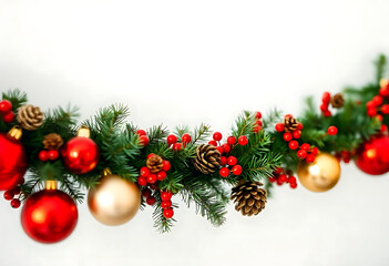 Christmas garland with red and gold baubles, berries, and pinecones on a white background. PNG transparent.