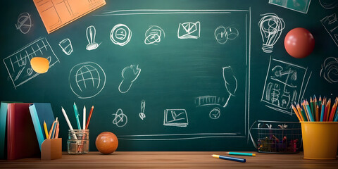 back to school theme, featuring a chalkboard background adorned with educational icons and symbols. Generative Ai