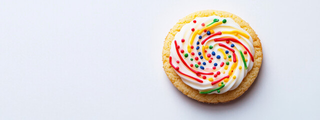 Colorful sugar cookie topped with white frosting and vibrant rainbow sprinkles on a white background, highlighting the intricate swirl design.