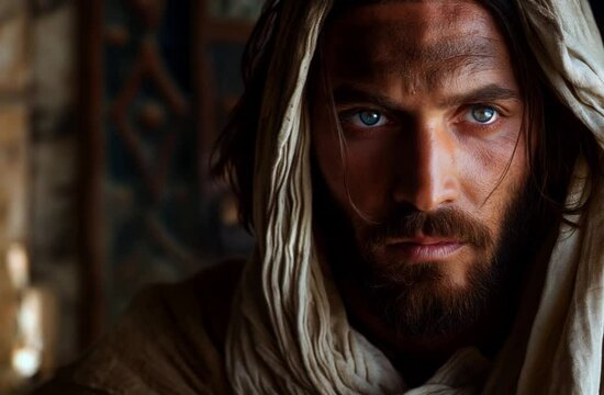 Prophet with piercing blue eyes emanates spirituality and deep thought, embodying wisdom and contemplation