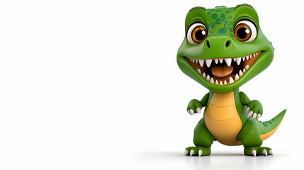Fototapeta premium A cheerful cartoon dinosaur character with bright green skin and big eyes, standing with a friendly smile against a white background.