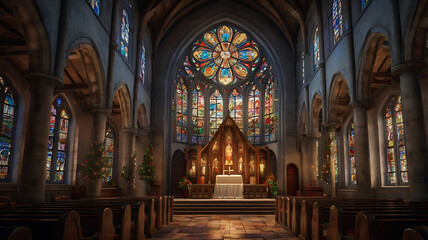 Obraz premium Tranquil church interior with stained-glass windows, altar, and Christmas trees.