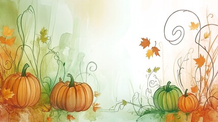 A watercolor wallpaper featuring pumpkins and leaves against a vibrant autumn background. This artistic design captures the essence of fall with warm, cozy tones and seasonal elements


