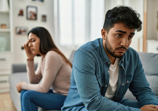 Sad young couple sitting back to back on sofa after having quarrel at home - Powered by Adobe