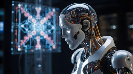 Fototapeta premium Advanced humanoid robot in a futuristic laboratory. Close-up view of a sophisticated android with visible internal mechanics, standing before a holographic display. 